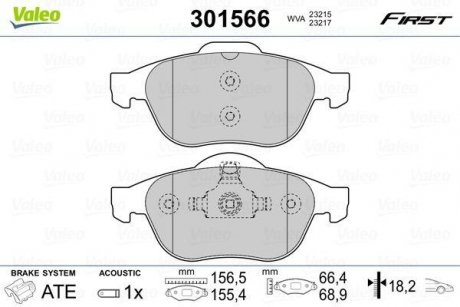 Тормозные колодки дисковые RENAULT Laguna "1,6-2,2 "F "01>> Valeo 301566