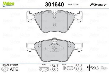 Купити Гальмівні колодки дискові BMW 3/5/X1/Z4 "2,0-3,0 "F "03-16 BMW F10, X1, F11, E93, E60, E61, E90, E91, E92 Valeo 301640 (фото1) підбір по VIN коду, ціна 1094 грн.