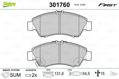 Купить Тормозные колодки дисковые HONDA Civic/Jazz/Logo "1,2-1,6 "F "91-08 Honda Civic, Jazz Valeo 301760 (фото1) подбор по VIN коду, цена 833 грн.