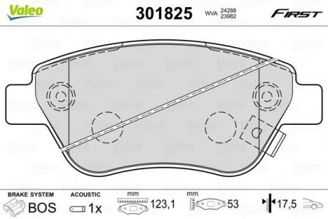 Купить Тормозные колодки дисковые FIAT/OPEL Doblo/Adam/CorsaD "1,0-1,9 "F "06>> Opel Corsa, Fiat Doblo Valeo 301825 (фото1) подбор по VIN коду, цена 1043 грн.