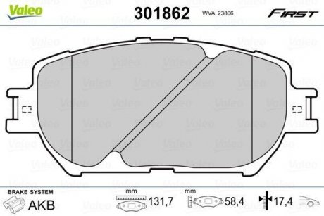 Гальмівні колодки дискові TOYOTA Camry "2,4-3,0 "F "01-06 Toyota Camry Valeo 301862