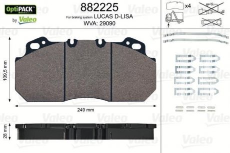 Купить Комплект тормозных колодок, дисковый тормоз, RVI Magnum Premium 249x110x28 Valeo 882225 (фото1) подбор по VIN коду, цена 3643 грн.