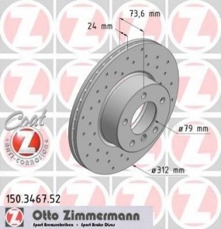 Диск гальмівний (передній) BMW 3 (E90/E91/E93) 05-11/X1 (E84) 09-(312x24) (з покриттям) (з отворами) (вент) BMW F20, E91, X1, E90, F30, E92, E93, F34, F32, F31, F22 ZIMMERMANN 150.3467.52