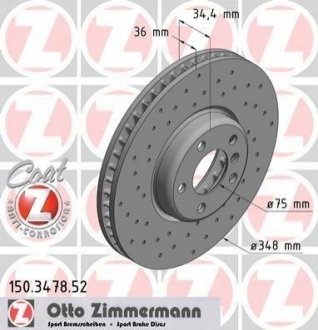 Купити Диск гальмівний (передній) BMW 5 (F10)/ 7 (F01/F0/F03/F04) 09- (L) (348x36) (з отвірм) (вент.) ZIMMERMANN 150.3478.52 (фото1) підбір по VIN коду, ціна 7262 грн.