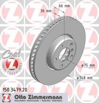 Купити Диск гальмівний (передній) BMW 5 (F10)/ 7 (F01/F0/F03/F04) 09- (348x36) (R) (з покриттям) (вентилір) ZIMMERMANN 150.3479.20 (фото1) підбір по VIN коду, ціна 4511 грн.