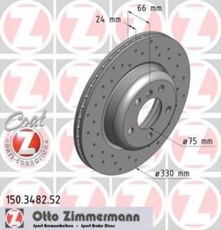 Купити Диск гальмівний (передній) BMW 5 (F10/F11) 10- (330x24) (з покриттям) (з отворами) (вентильований) ZIMMERMANN 150.3482.52 (фото1) підбір по VIN коду, ціна 5782 грн.