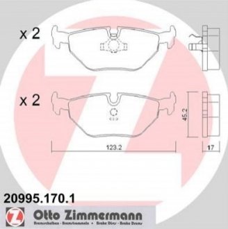 Купить Комплект тормозных колодок BMW E30, E34, E23, E32, E36 ZIMMERMANN 20995.170.1 (фото1) подбор по VIN коду, цена 1036 грн.