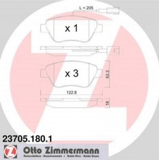 Колодки гальмівні (передні) Fiat Doblo/Citroen Nemo/Peugeot Bipper 08- (Bendix-Bosch) (з датчиком) Fiat Grande Punto, Alfa Romeo Mito, Lancia Musa, Fiat Doblo, Panda, 500, Citroen Nemo, Peugeot Bipper, Fiat Punto ZIMMERMANN 23705.180.1