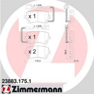 Колодки гальмівні (задні) VW Phaeton 02-16 (Lucas-Girling) (з датчиком) ZIMMERMANN 23883.175.1