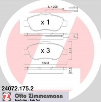 Колодки гальмівні (передні) Fiat Panda 03-/500/500C 07-/Ford Ka II 08-16 (+датчик) ZIMMERMANN 24072.175.2