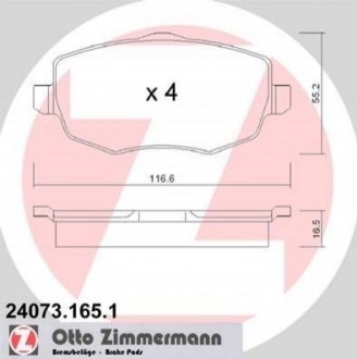 Купити Колодки гальмівні дискові ZIMMERMANN 24073.165.1 (фото1) підбір по VIN коду, ціна 1306 грн.