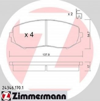 Купить Комплект тормозных колодок Suzuki Grand Vitara ZIMMERMANN 24346.170.1 (фото1) подбор по VIN коду, цена 1606 грн.