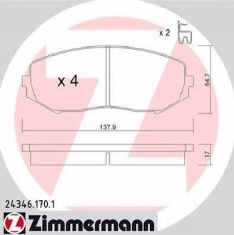 Колодки гальмівні (передні) Suzuki Grand Vitara 1.3-3.2 98- Mazda 6, Suzuki Grand Vitara ZIMMERMANN 24346.170.1