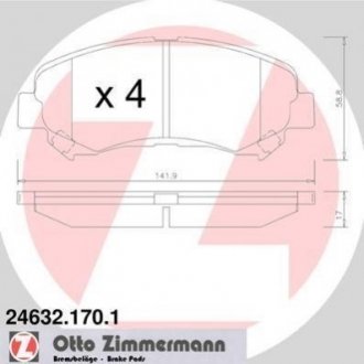 Колодки гальмівні (передні) Nissan Qashqai/X-Trail 07-13 (141.9x58.8x17) (Sumitomo, Akebono) ZIMMERMANN 24632.170.1