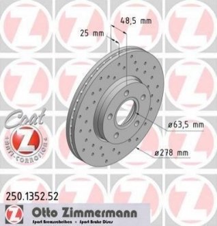 Купить Диск тормозной Volvo C30, C70, S40, V50, Ford Focus, C-Max ZIMMERMANN 250.1352.52 (фото1) подбор по VIN коду, цена 3808 грн.