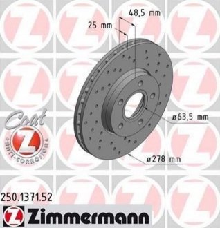 Купить Диск тормозной Ford C-Max, Focus ZIMMERMANN 250.1371.52 (фото1) подбор по VIN коду, цена 3686 грн.