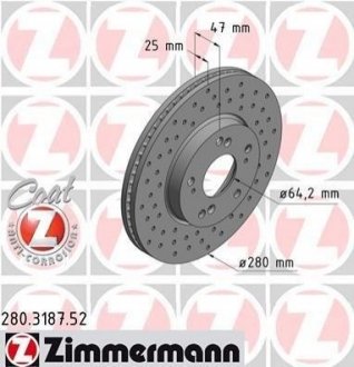 Купить Диск тормозной Honda Civic ZIMMERMANN 280.3187.52 (фото1) подбор по VIN коду, цена 3354 грн.