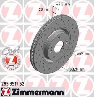 Диск тормозной KIA Optima, Hyundai I40, IX35, KIA Soul ZIMMERMANN 285.3519.52