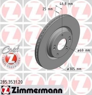 Купить Тормозные диски передние Hyundai Tucson, Kona ZIMMERMANN 285353120 (фото1) подбор по VIN коду, цена 2633 грн.