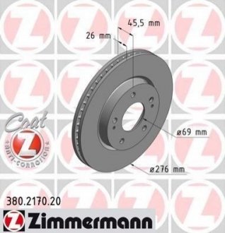 Диск гальмівний (передній) Mitsubishi Lancer 08- (276x26) Mitsubishi Lancer, ASX, Dodge Caliber ZIMMERMANN 380.2170.20