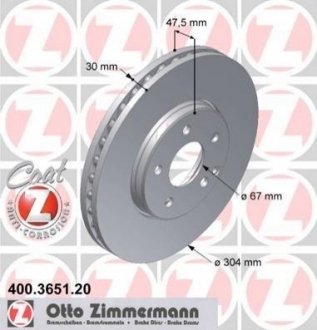 Купити Диск гальмівний (передній) MB E-class (W211/S211) 03-09 (304x30) (з покриттям) (вентил.) Mercedes W211, S211 ZIMMERMANN 400.3651.20 (фото1) підбір по VIN коду, ціна 2735 грн.